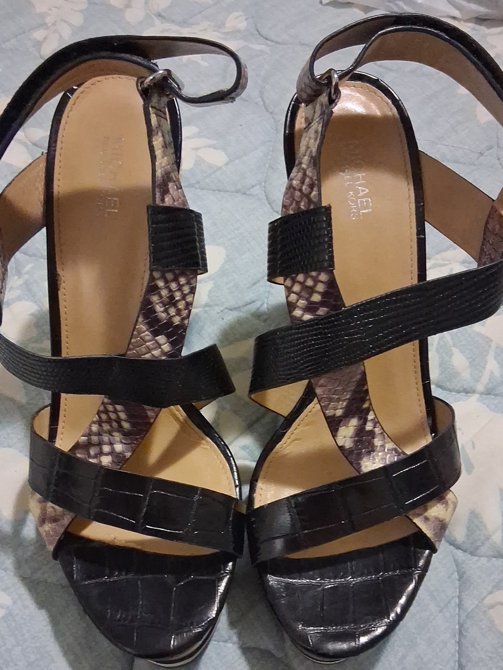 Michael Kors Black Croc-Embossed & Snake-Print Strappy Heels